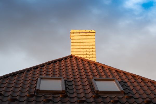 Roof of a detached house with a skylight and chimney against the sky